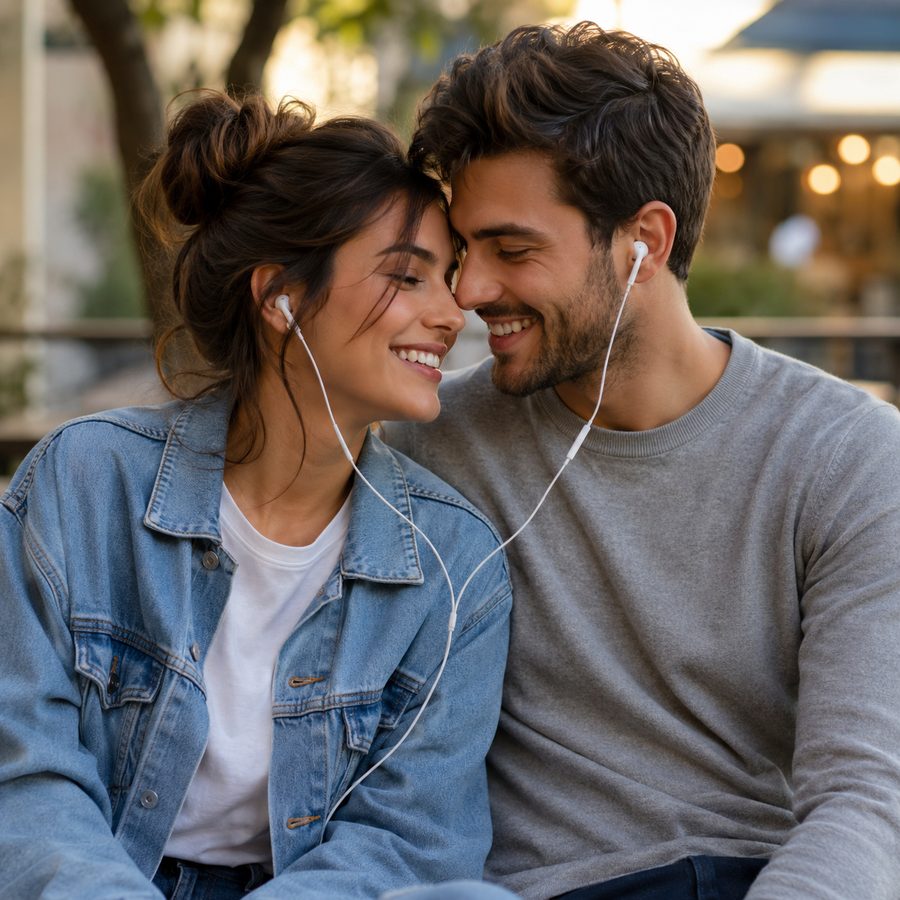 Casal sorrindo, compartilhando fones de ouvido